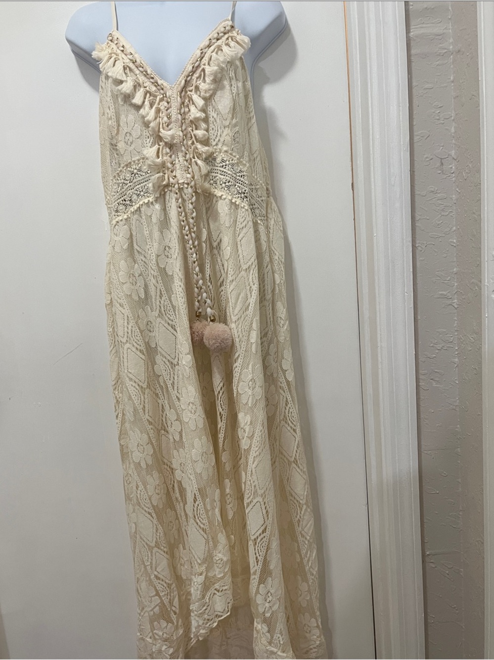 Cupshe Ivory Crochet Maxi Dress with Tassel Pom-Poms